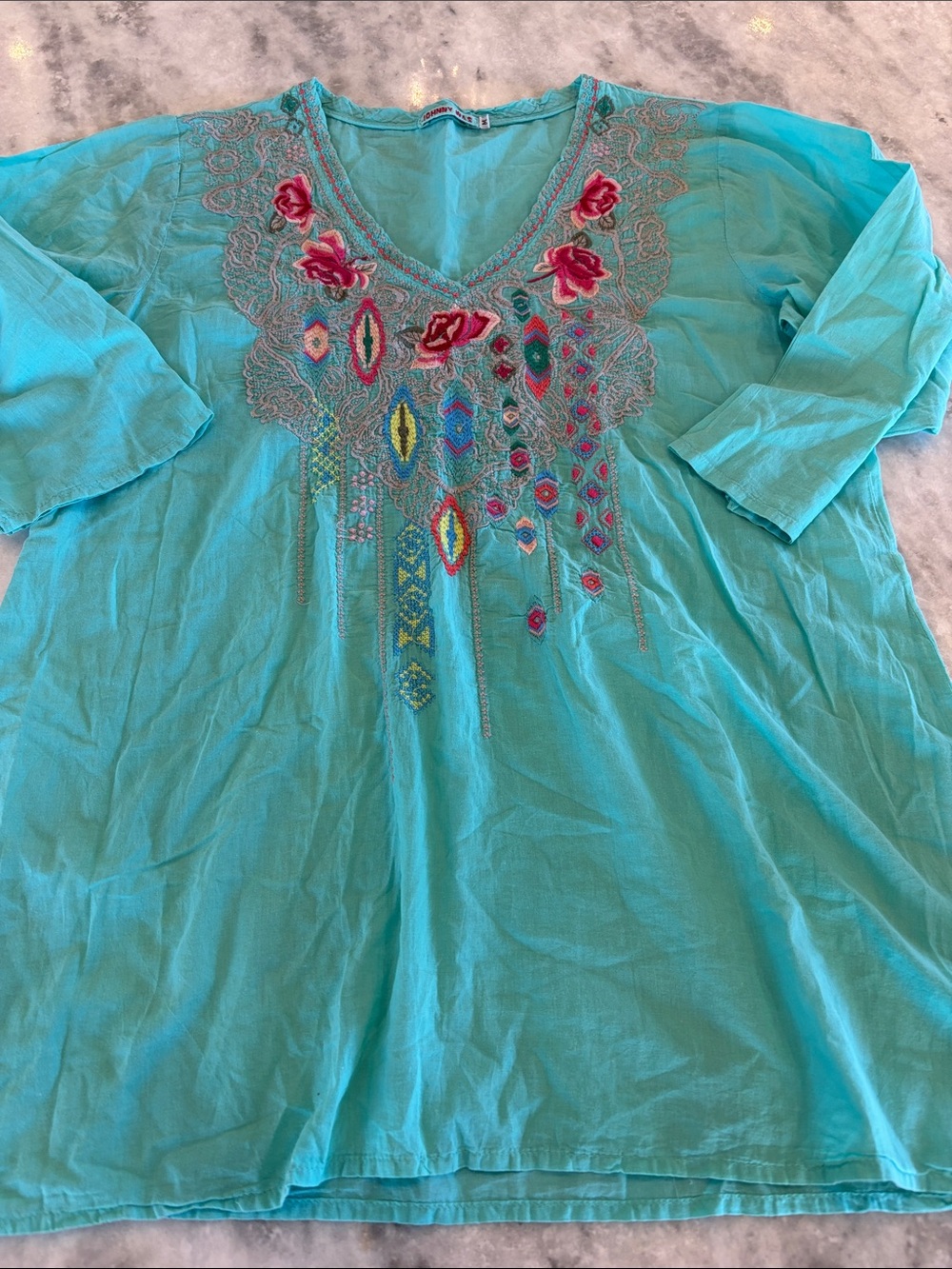 Johnny Was Turquoise Embroidered V-Neck Tunic
